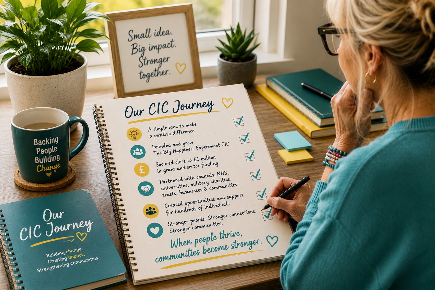 Our CIC Journey notebook on a desk listing The Build Room milestones: a simple idea, founding The Big Happiness Experiment CIC, securing close to one million pounds in funding, partnering with councils, the NHS and military charities, and supporting hundreds of individuals