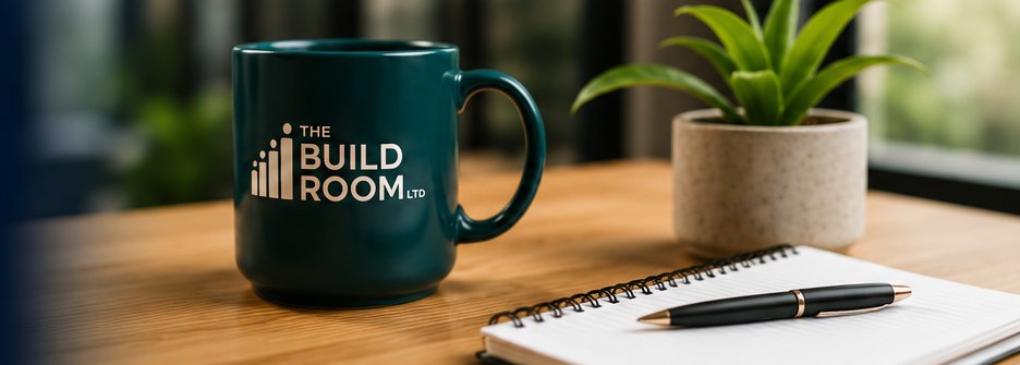 A branded Build Room mug on a desk
