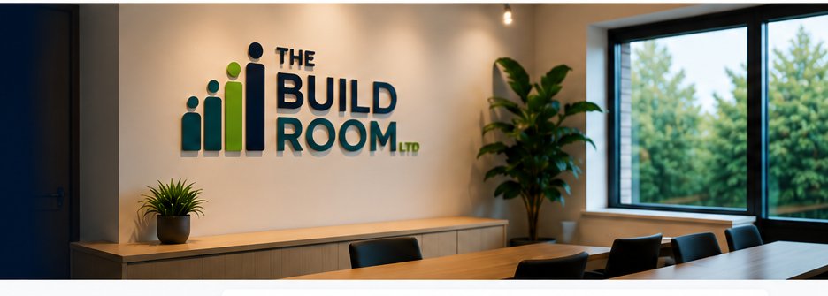 The Build Room office reception with branded signage