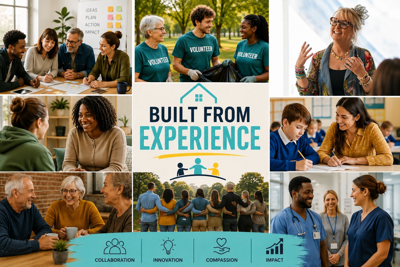 Built From Experience collage showing community volunteers, meetings, teaching, healthcare and the values collaboration, innovation, compassion and impact