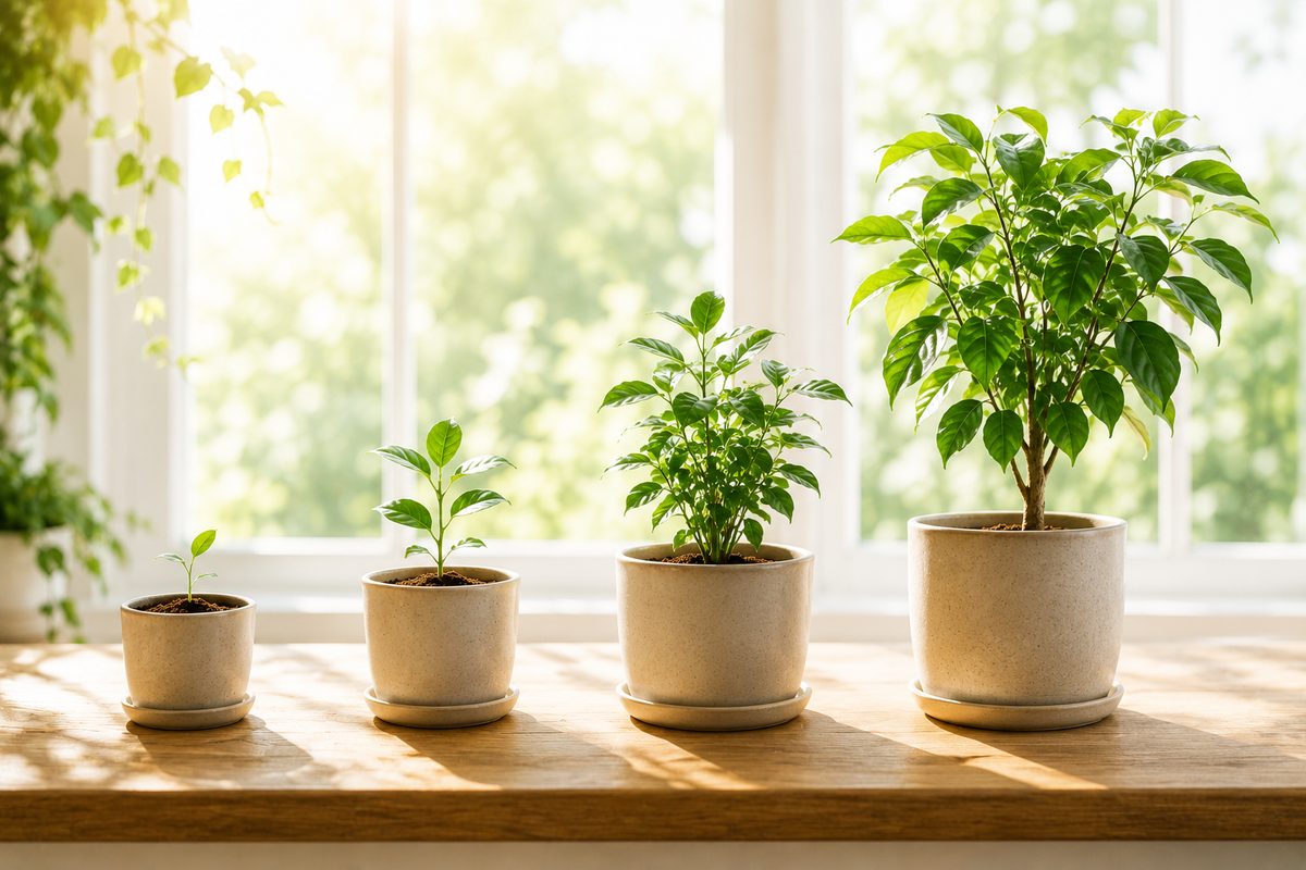 Four potted plants in a sunlit window growing from a small seedling to a mature plant, representing each stage of growth