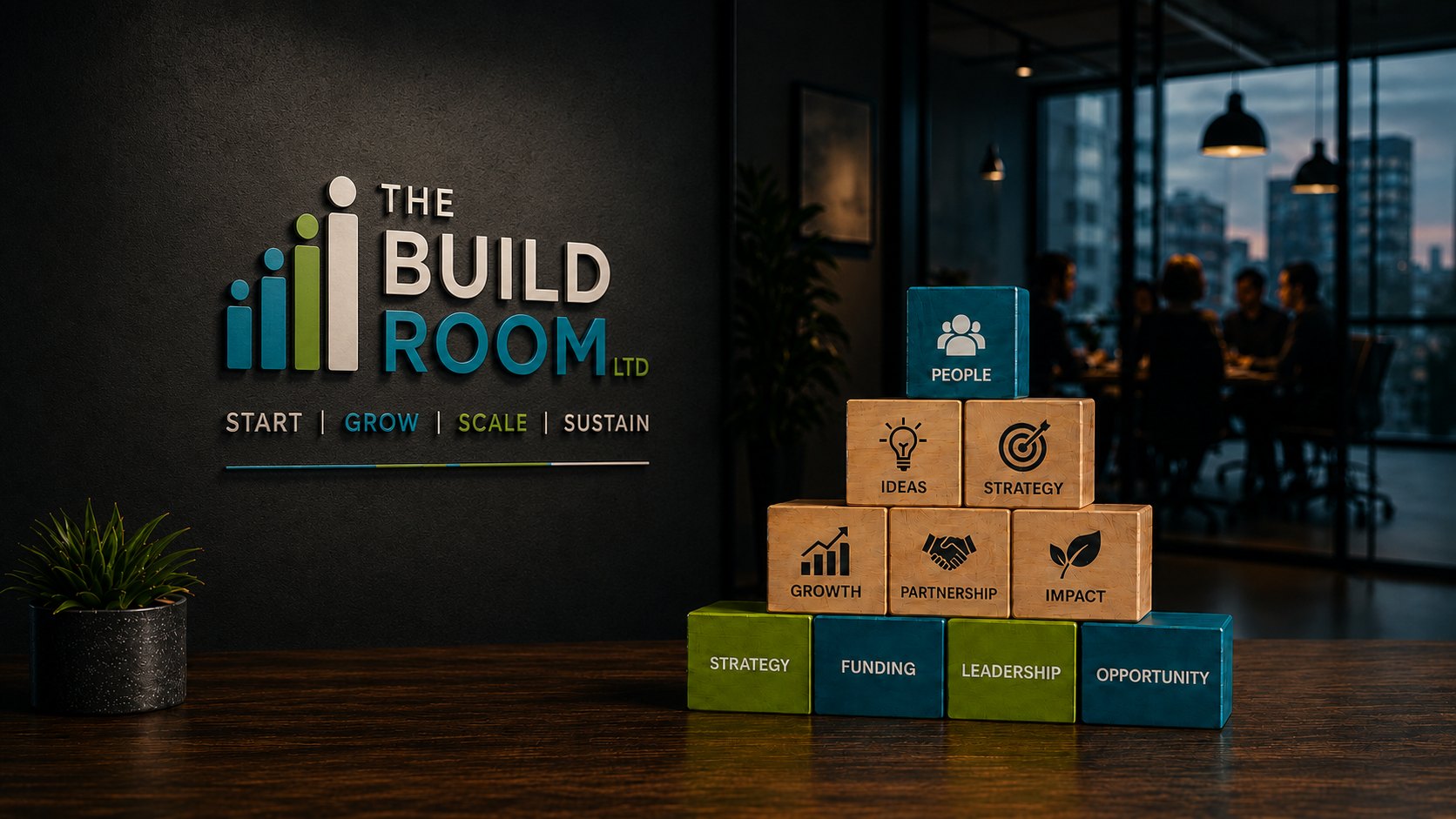 The Build Room logo above building blocks representing people, ideas, strategy, funding and growth