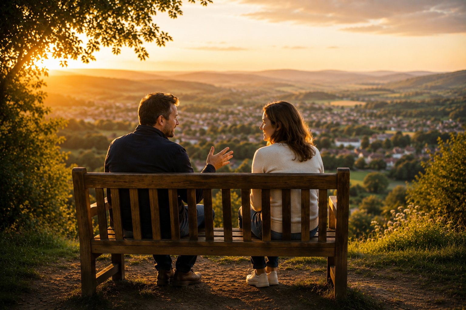 Two people in conversation on a bench overlooking a valley at sunset