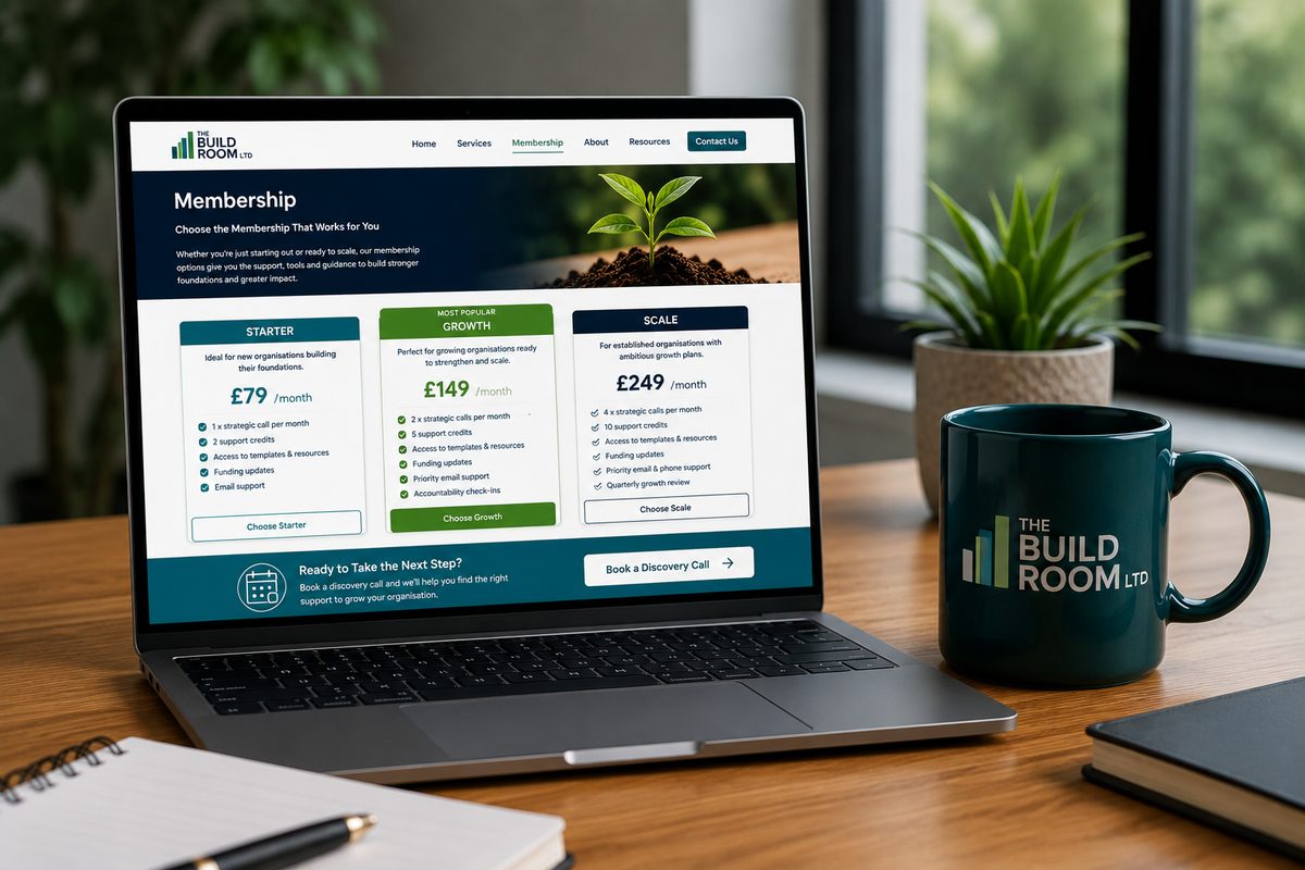 The Build Room membership page shown on a laptop beside a branded mug