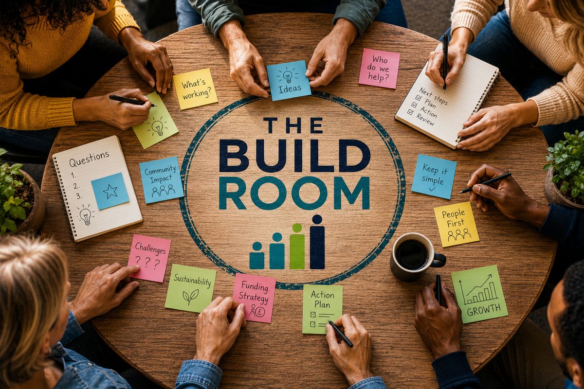 People planning together around a table with The Build Room logo