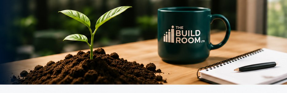 A seedling beside a branded Build Room mug